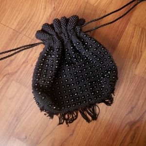 Vntg black beaded drawstring purse